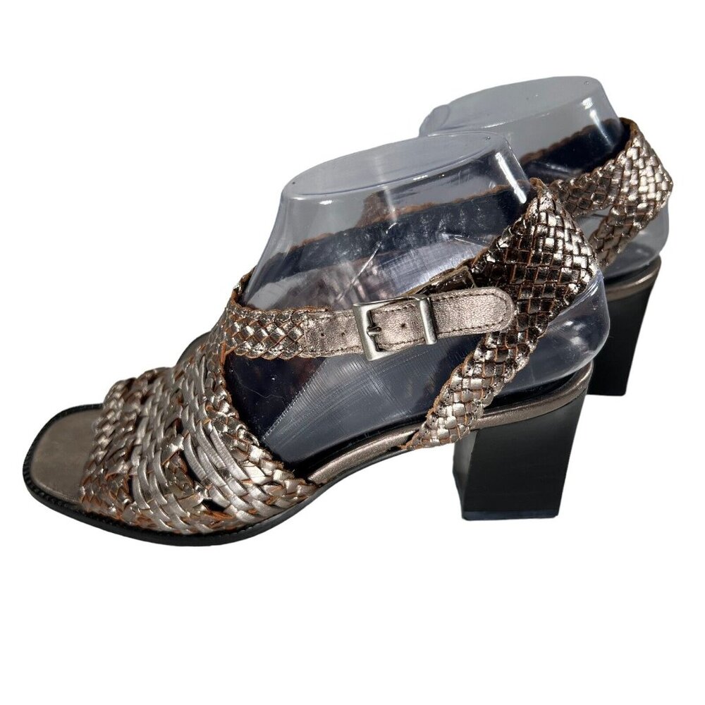 Amalfi Metallic Woven Leather Sandals Block Heel Italy Sz 7 B Strappy Open Toe - Picture 3 of 13